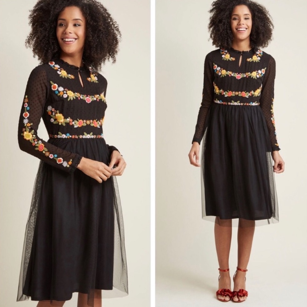 ModCloth Folklore Embroidered Long Sleeve Dress
